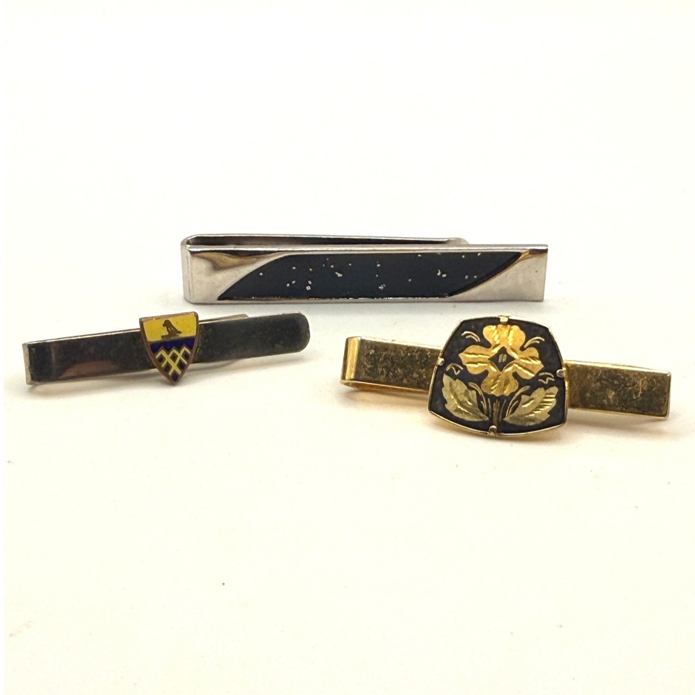 Vintage Money Clip Lot 3pc Mens Gold Silver Tone Damascene Enamel Shield Swank